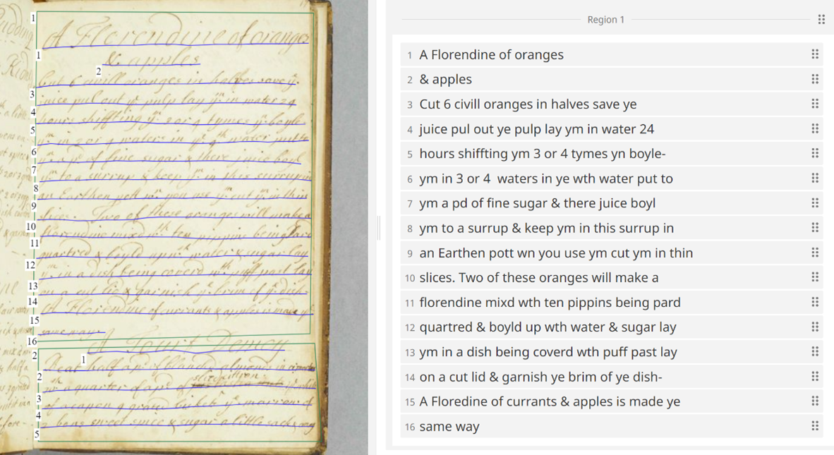 handwritten manuscript on the left with transcription on the right, detailing an eighteenth-century recipe for 'Florendine of Oranges'