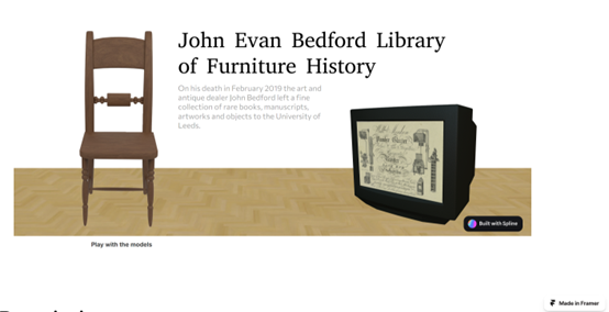 Screengrab of website depicting 3d model of a chair, CRT-style TV with image of a trade card. Text reads 'John Evans Bedford Library of Furniture History'