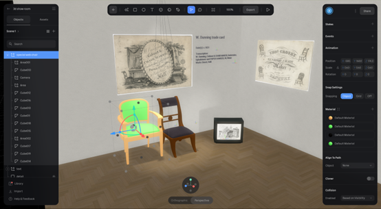 Virtual showroom includes two 3d images of chairs, images of trade cards on displayed walls with explanatory text labels