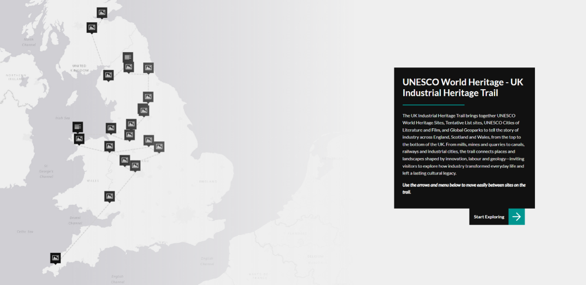 Map of UK with pins indicating UNESCO heritage sites