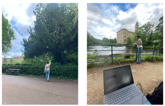 Photos of intern collecting soundbites around Roberts Park including bird song and the sounds of the River Aire.